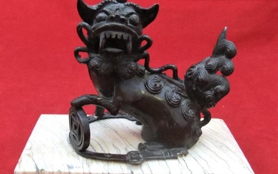 Early 20thC Chinese cast bronze dog foo on marble...