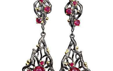 Earrings in gold-plated and black rhodium-plated sterling silver, with treated rubies