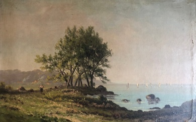 ECOLE DE LA FIN DU XIXe siècle. Paysage de bord de mer. Huile sur toile...