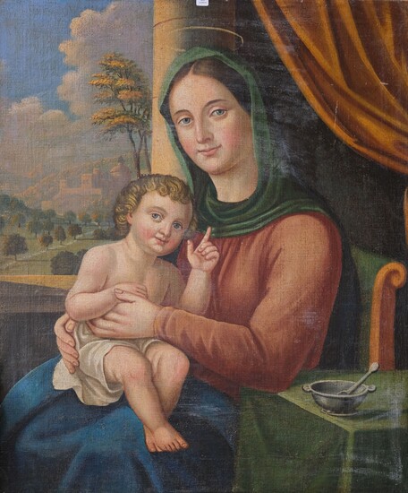 Ecole du XVIIIe. La Vierge à l'Enfant. Huile sur toile marouflée sur panneau contreplaqué. 75...