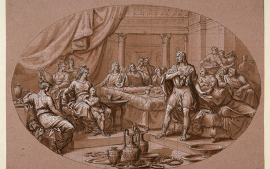 Ecole romaine néoclassique Le banquet de Didon et Enée, dans un ovale