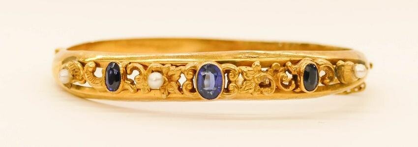 Edwardian Sapphire & Seed Pearl 14k Bracelet