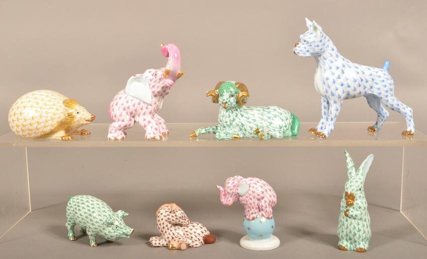 Eight Herend Hand-Painted Porcelain Animal Figurines.
