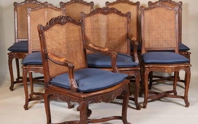 Eight Louis XV Style Cane Back Oak Dining Chairs