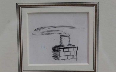 Eileen Soper (1905-1990) pen and ink drawing - Chimney Pot, together with an etching - Xmas Greetings 1921, in glazed gilt frames Provenance: Chris Beetles Gallery