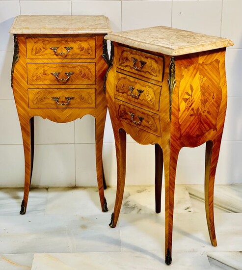 Elegant Marquetry Pedestal Tables (2) - Louis XVI - Bronze, Marble, Wood - Early 20th century