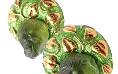 Elizabeth Gage 18k Yellow Gold Carved Green Tourmaline Enamel Lion Earrings