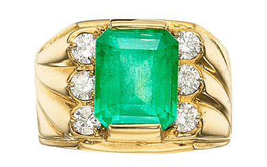 Emerald, Diamond, Gold Ring The ring features an emerald-cut...