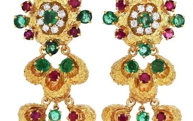 Emerald Ruby Diamond 18K Gold Flower Dangle Earrings