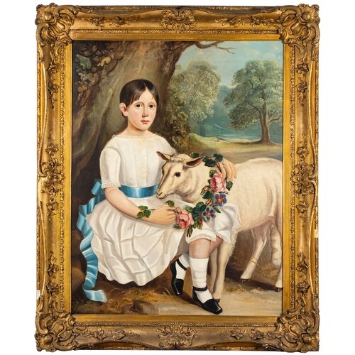 English School 19th Century - A child with lamb and garland ...