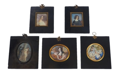 English School, early 19th century- Portrait of a lady, traditionally held to be the Countess of Jersey; portrait miniature, oval, bears inscription to the reverse, dated 1819, 6.7 x 8 cm: together with four other portrait miniatures by various...