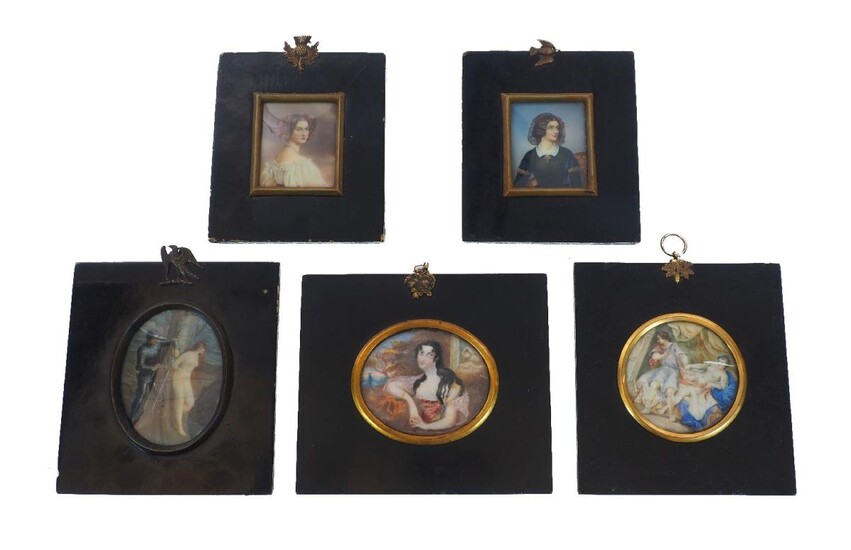 English School, early 19th century- Portrait of a lady, traditionally held to be the Countess of Jersey; portrait miniature, oval, bears inscription to the reverse, dated 1819, 6.7 x 8 cm: together with four other portrait miniatures by various...