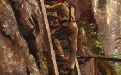 Esther Kjerner: View from a mountain with a man climbing a ladder. Signed and dated E. Kjerner 94. Oil on canvas. 73.5×58 cm.