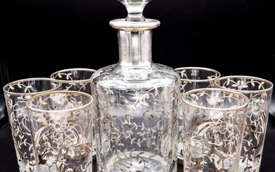 Exclusive set of decanter with 6 glasses - Silver, Crystal - Spain - Early 20th century
