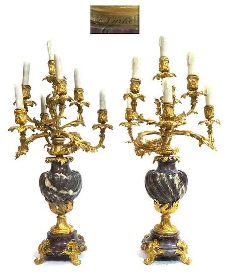 F. Linke Bronze & Marble Pair of Candelabras