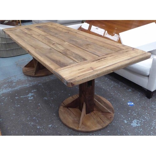 FARMHOUSE DINING TABLE, rustic rectangular top on twin pedes...