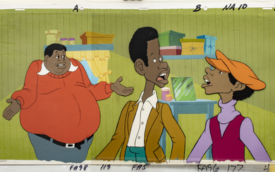 "FAT ALBERT" PRODUCTION ANIMATION CELS WITH HAND PAINTED BACKGROUND, C. 1970S, H 9", W 22" (VISIBLE IMAGE)