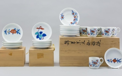 SIXTEEN PIECES OF JAPANESE IRO-NABESHIMA PORCELAIN BY INAEMON Includes one 4.5" dishes, nine 5" dishes, and six demitasse cups and s...