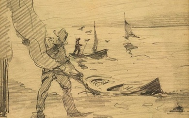 "FISHERMEN AND BOATS" BY SANDOR VAGO (1887-1946).