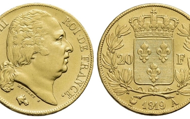 FRANCIA. Luigi XVIII (1814-1824). 20 Franchi 1819 A. AU Kr....