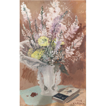 Felice Carena ( Cumiana 1879 - Venezia 1966 ) , "Vaso di fiori con libro" 1948 olio su cartone (cm 72x46) Firmato e datato in basso a destra Al retro:...