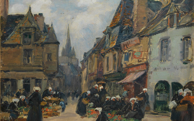 Fernand LEGOUT-GERARD (1856-1924) Market Place Oil on cardboard...