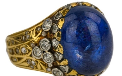 Fine Cabochon 12.5 CT Natural Sapphire & Diamond ring