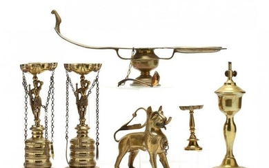 Five Antique Brass Oil Lamps
