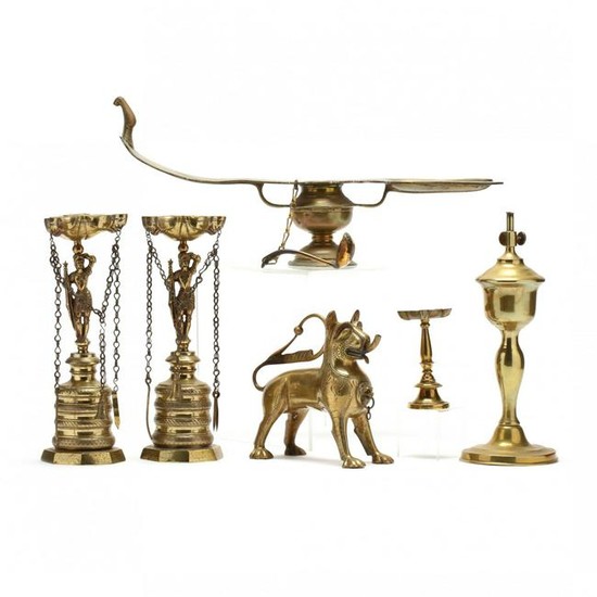 Five Antique Brass Oil Lamps