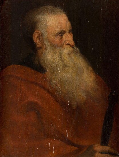 Follower Of Sir Peter Paul Rubens, Flemish 1577-1640- Portrait of a bearded man, quarter-length, turned to the right, wearing a red cape and holding a staff; oil on panel, 62.5 x 49 cm. Provenance: Private Collection.