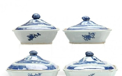 Four Canton Blue and White Porcelain Covered Entree