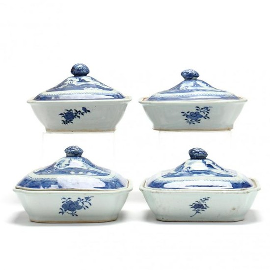 Four Canton Blue and White Porcelain Covered Entree
