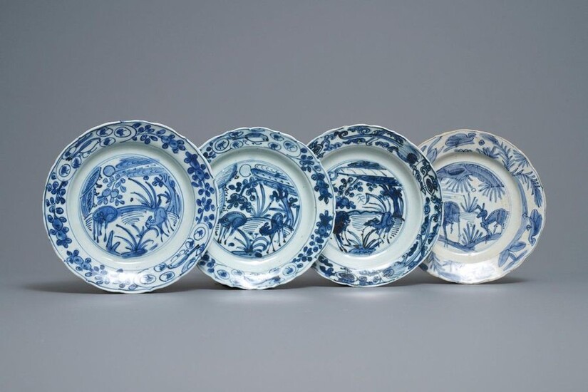 Four Chinese blue and white kraak porcelain 'deer'...