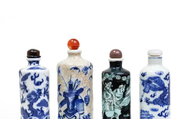 Four Chinese cylindrical snuff bottles Qing dynasty, 19th/20th century Comprising: a blue...