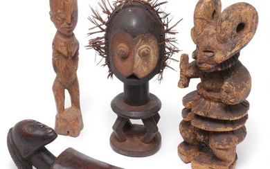 Four figures of carved patinated wood. Igbo and D. R. Congo style etc. H. 33–45 cm. (4)
