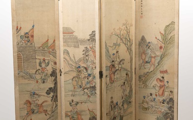 Four fold screen Chinese, circa 1930 watercolour on paper panels,...