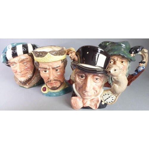 Four hand-decorated Royal Doulton porcelain character jugs c...
