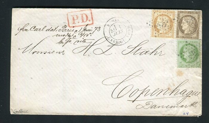 France 1873 - Rare letter from Paris bound for Copenhagen (Denmark) with the No. 53, 56 & 59 stamps