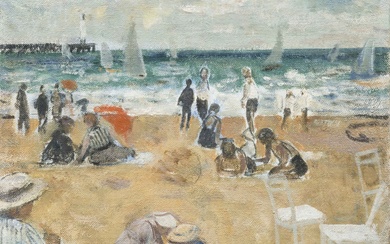 François GALL (1912-1987) Scène de plage Huile sur toile Signée en bas à droite 25...