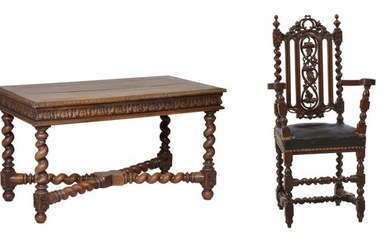French Louis XIII Style Writing Table and Armchair, 19th c., Table- H.- 28 1/2 in., W.- 51 in., D.