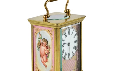 French carriage clock with porcelain painting, neo-rococo style. The turn...