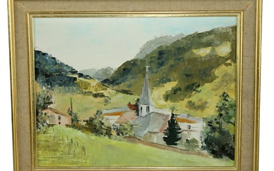 French oil on board landscape painting with church