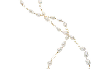 Freshwater Cultured Pearl, Gold Necklace The necklace features baroque...