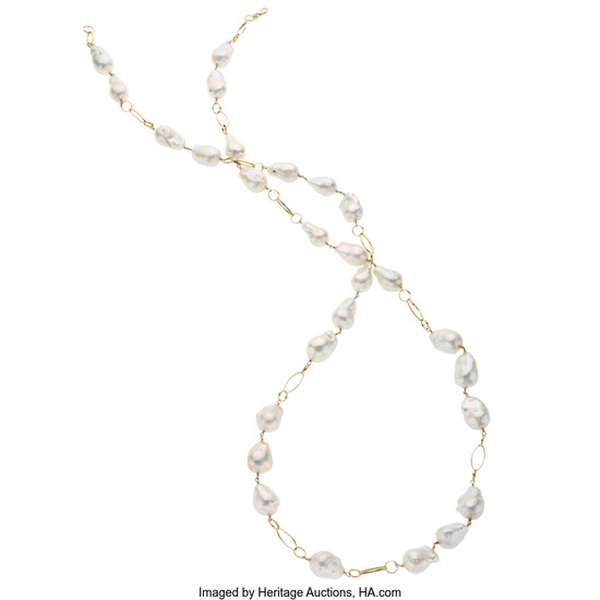 Freshwater Cultured Pearl, Gold Necklace The necklace features baroque...