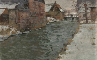 Frits Thaulow (1847-1906) Hameau en bord de rivière