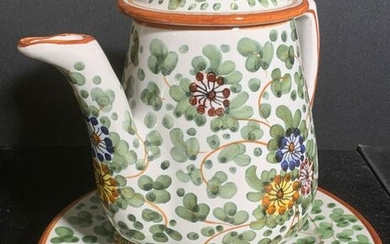 GRAZIA DERUTA Signed Ceramic Teapot & Saucers, 3