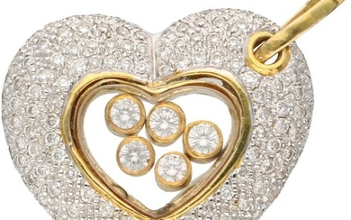 Geelgouden hartvormige hanger, met ca. 0.97 ct. Diamant 14 kt.