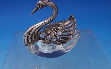 German Glass Sterling Salt Dip Swan Shape Moveable Wings Divided w/Spoon