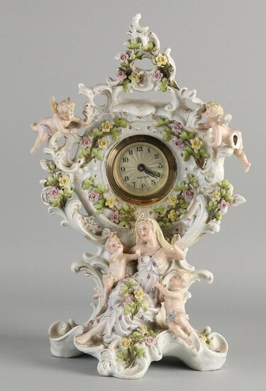 German porcelain table clock with figures, floral