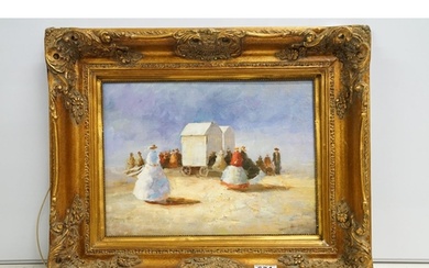 Gilt swept framed oil painting of a busy Victorian beach sce...